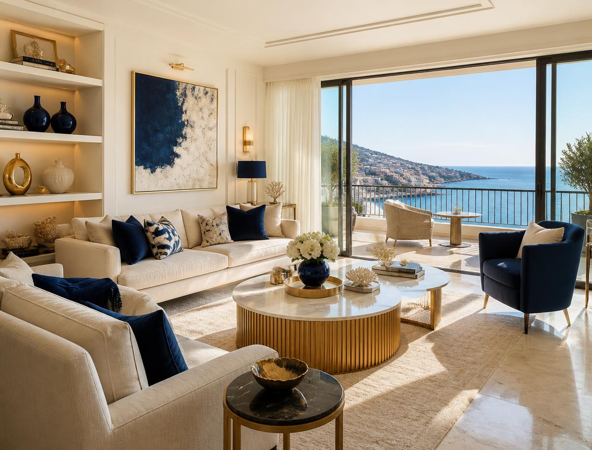 Salon lumineux d'une location saisonnière avec vue sur la mer