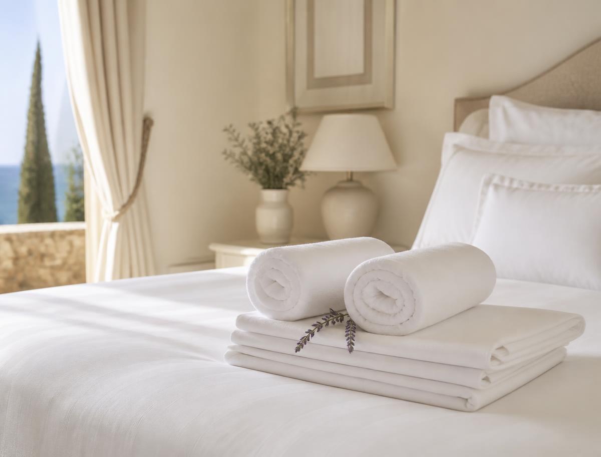 Linge de maison blanc plié sur un lit fraîchement préparé