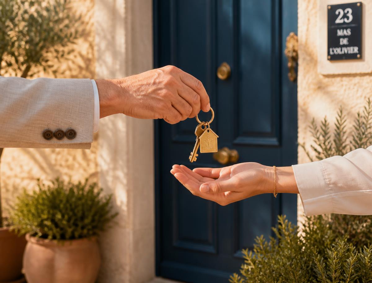 Remise de clés devant la porte d'une maison provençale